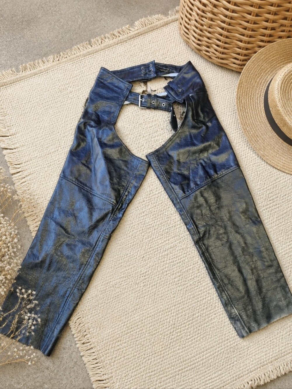 Men's Black Leather Chaps with Buckle Waist